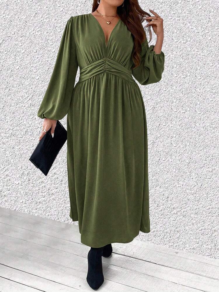 Women's Plus Size Solid Color Lantern Sleeve Stand Collar Dress