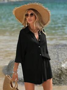 SHEIN VCAY Completo Da Donna Con Camicia E Pantaloncini Tinta Unita - nero - Visualizzare 4