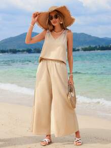 鉤織面板無背無袖上衣和寬腳褲度假套裝 - 卡其色 - 查看 4