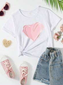 Tween Girl Fashionable Casual Heart Printed Basic Round Neck Short Sleeve T-Shirt - White - View 1