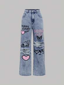 SHEIN Girlism Jeans Rasgados Con Estampado De Letras De Dibujos Animados Para Adolescente - Azul lavado medio - Ver 1