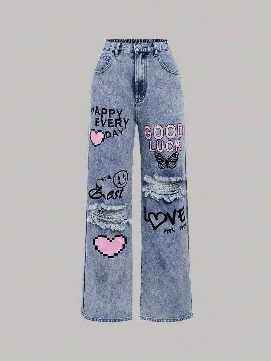 SHEIN Girlism Jeans Rasgados Con Estampado De Letras De Dibujos Animados Para Adolescente - Azul lavado medio - Ver 1