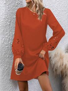SHEIN Clasi 純色中空燈籠袖連衣裙 - 橘色 - 查看 1