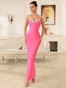 Modphy 女性鑲鑽散開式無肩紅地毯晚禮服 - 玫紅色 - 查看 3