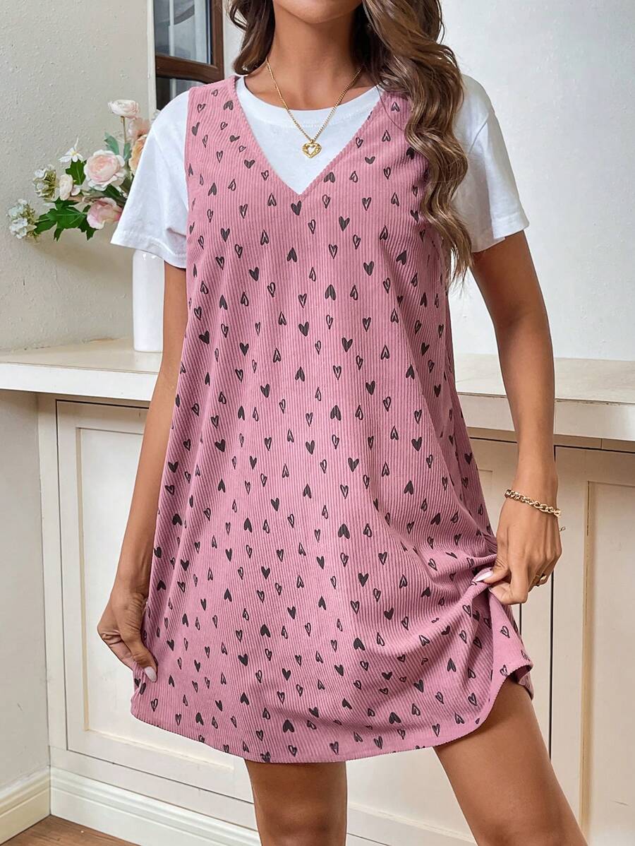 SHEIN LUNE Valentine's Day Heart Print Ladies' Dress - Dusty Pink - View 1
