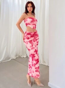Aloruh Valentine's Day Women's Full Butterfly Print Bandeau Top & Fishtail Skirt Set, Suitable For Holidays & Dates