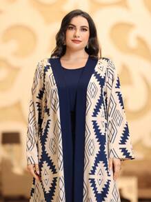 Al Najma Plus Size Geometric Print Jacket And Drawstring Dress Two Pieces Set 2 Pieces Set