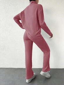 Cloudara Solid Color Turtleneck Top And Pants Set - Pink - View 2