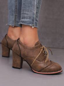 Zapatos marrones de estilo británico con tacón bloque, cordones y hechos (PU) - Óxido marrón - Ver 2