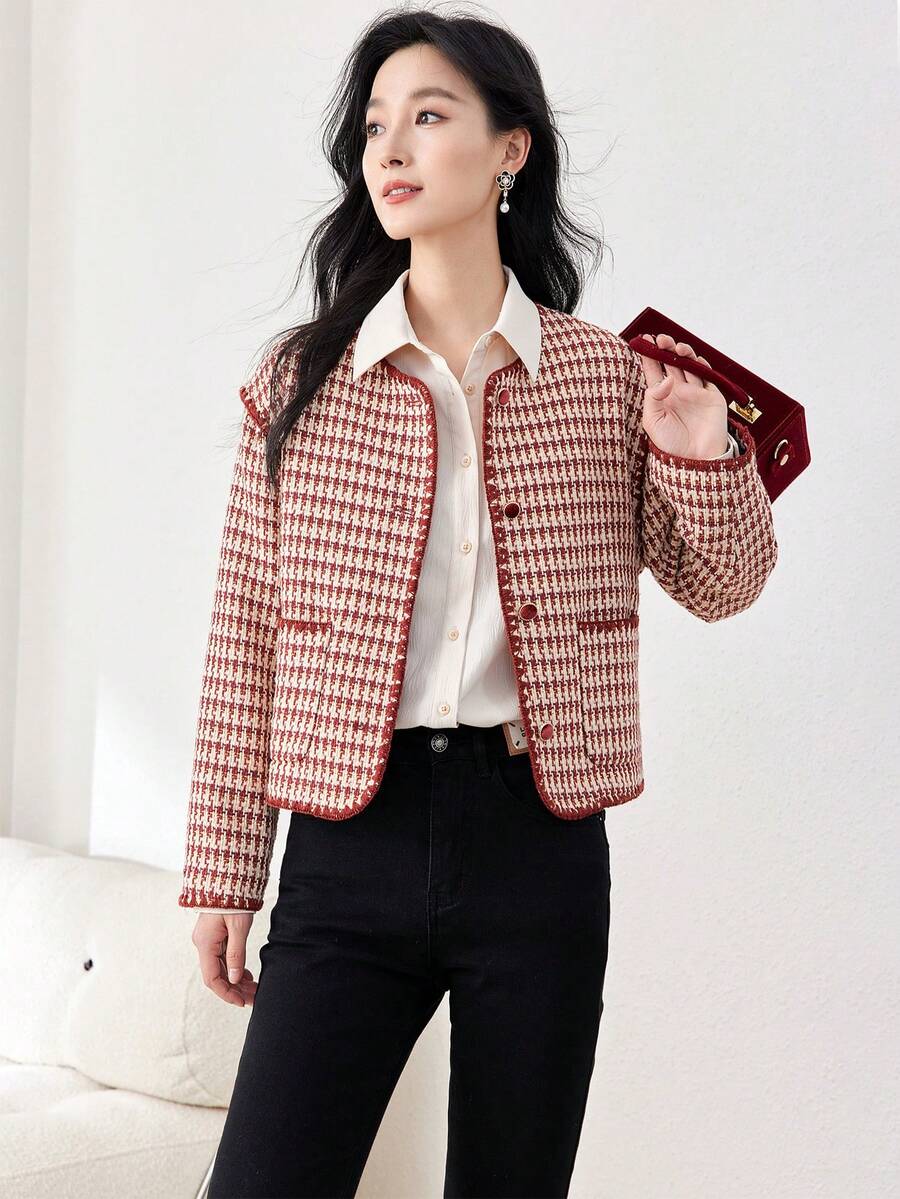 1 件浪漫復古粗紗質地厚格子花呢外套 - 紅色 - 查看 1