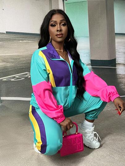 Slaydiva Women's Contrast Color Jacket And Jogger Pants 2pcs/Set