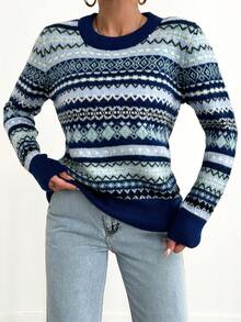 EURMUSE Women'S Geometric Pattern Long Sleeve Sweater - Blue - View 3