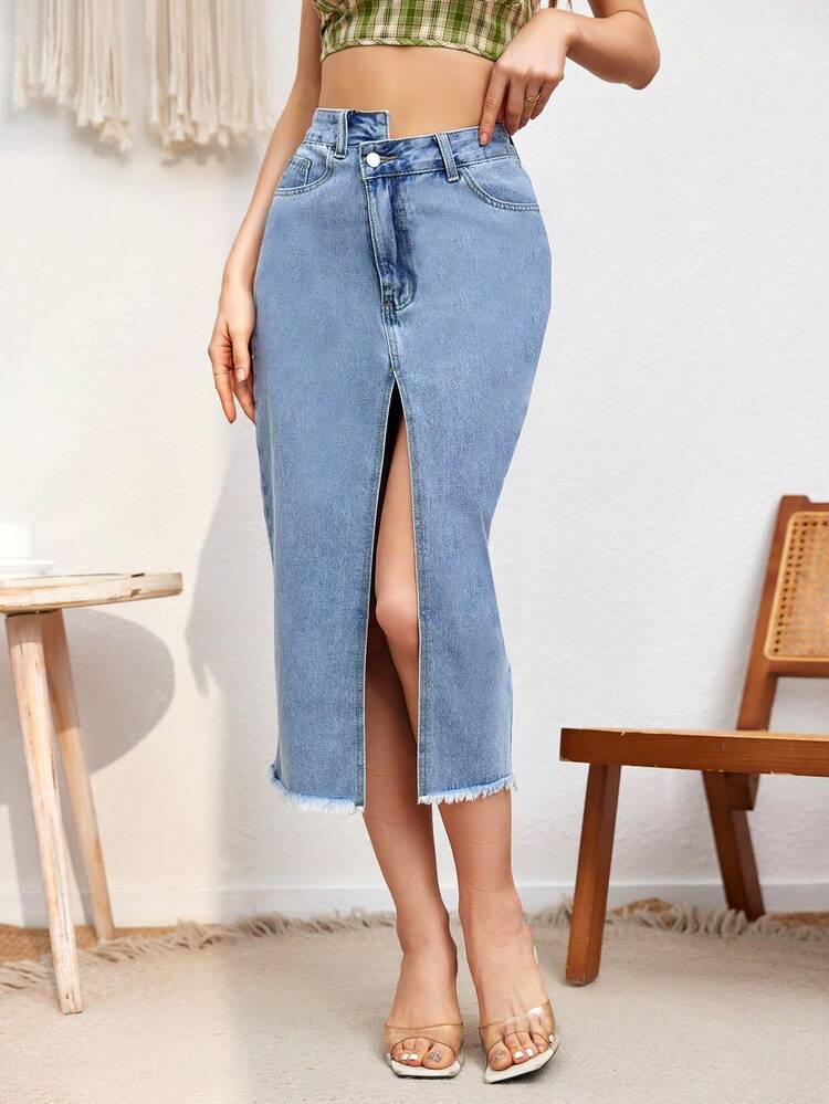 Women'S Frayed Hem Slit Denim Skirt