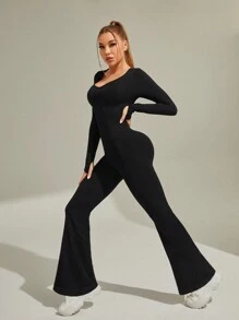 SHEIN Dance Studio 女士長袖運動連體褲 - 黑色 - 查看 1