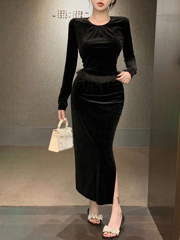 Women'S Plain Fuzzy Hem Trimmed Top And High Split Skirt Two Pieces Set,Fall Clothes