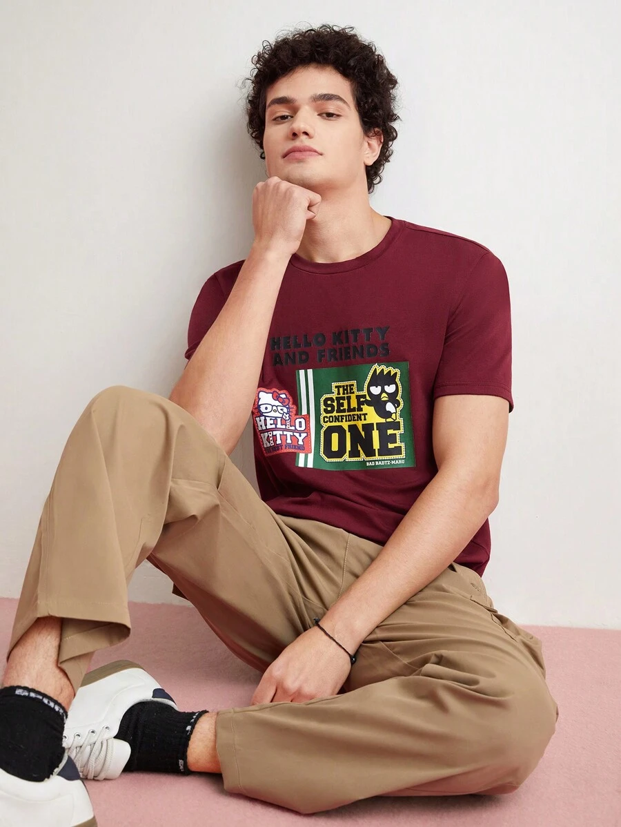 HELLO KITTY AND FRIENDS | SHEIN 男款卡通印花短袖t卹 - 酒紅色 - 查看 1