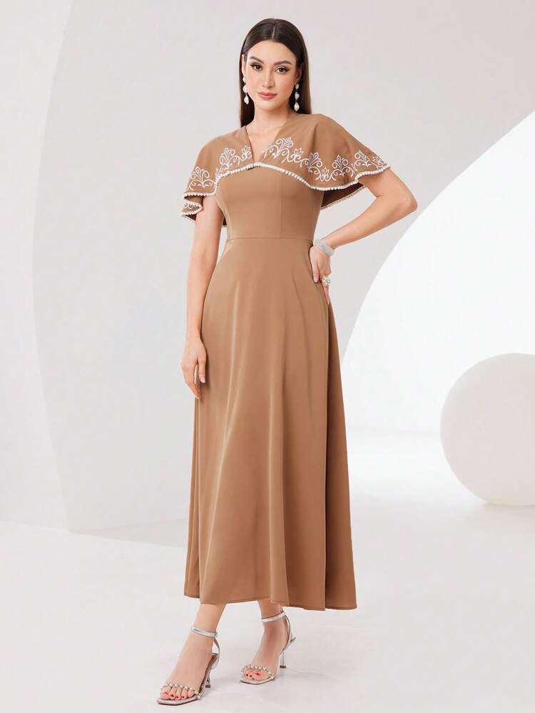 Women's Pearl Beaded Embroidery V-Neck A-Line Dress Long Evening Dresses