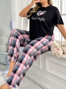 Plus Size Grid Heart & Slogan Pattern Short Sleeve T-Shirt And Long Pants Casual Pajamas Set Girls Night Wearnight Wear Women