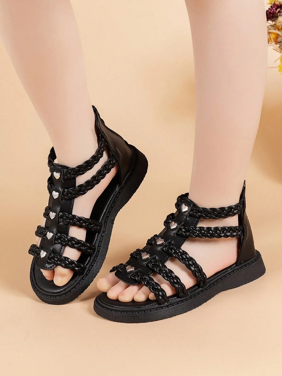 兒童平底涼鞋羅馬涼鞋高幫女童夏季鞋加厚水晶果凍底透明防滑小童鞋帶拉鍊露趾時尚編織鞋小中大童 - 黑色 - 查看 1