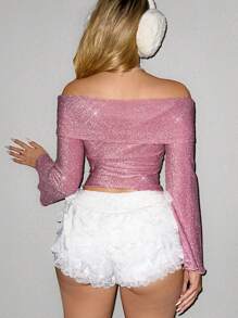 SHEIN Sweetina 露肩交叉肩帶閃亮t恤 - 粉色 - 查看 2