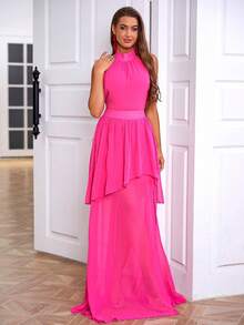 LOVE&LEMONADE Pink Halter Neckline Split Hem Cocktail Dress - Pink - View 4