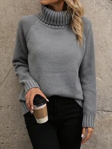 SHEIN LUNE 女士純色高領斜肩袖毛衣 - 灰色 - 查看 5