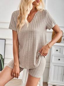 Easowa Conjunto De Dos Piezas De Punto Acanalado De Color Sólido Para Mujeres - Albaricoque - Ver 9