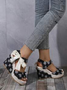 Women's Fashionable & Comfortable Round Toe Checked Slingback Sandals With Lace-Up Ankle Strap, Wedge & Thick Sole - Black - View 5