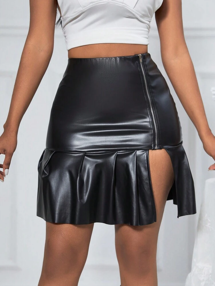 Pu Leather Pleated Skirt