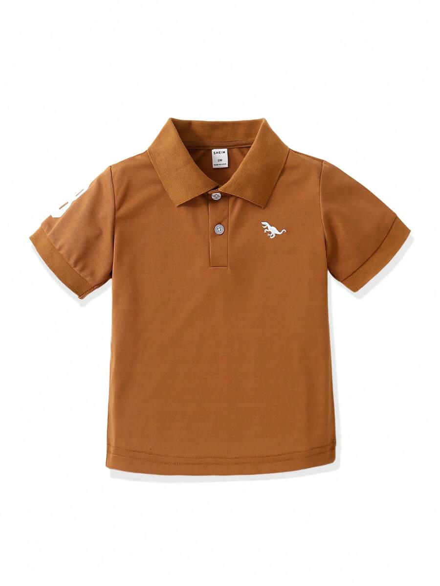 SHEIN 男童休闲舒适短袖polo衫,领口饰有精致恐龙刺绣,适合日常穿着、上学、旅行、聚会、节日等场合,帅气有型,是春夏的理想之选。 - 棕色 - 查看 1