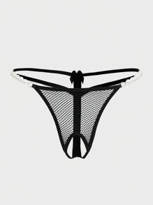 Lencería Sexy De Tanga De Red De Perlas Decorativas - Negro - Ver 1