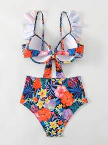 SHEIN Swim 女士聚拢花卉和植物印花比基尼套装狂欢夏日海滩 - 彩色 - 查看 3