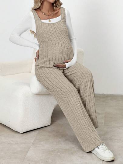 SHEIN Solid Color Maternity Ribbed Knitted Jumpsuit