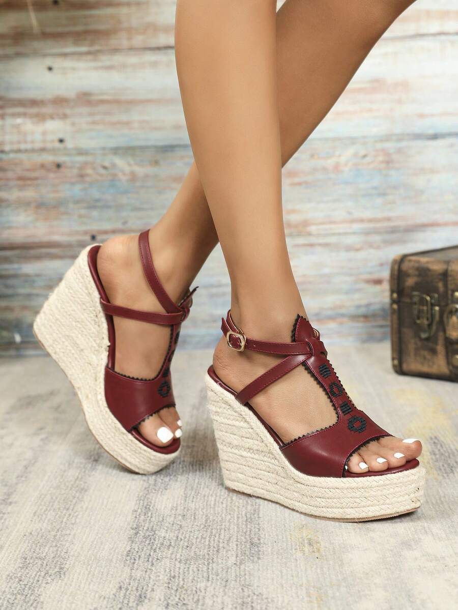 Của phụ nữ Rơm rạ Dệt Dày Gót chân Retro Thêu Dây đeo chữ T Dép xăng đan Với Dày Đế - Màu Đỏ Sâu - Xem 1