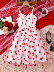 SHEIN Explorewe Tween Girls' Heart Pattern Printed Mesh Splice Cami Dress - White - View 1