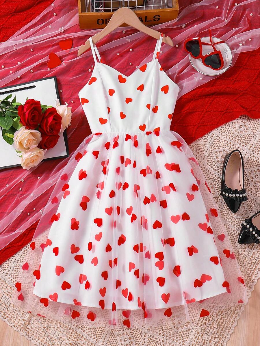 SHEIN Explorewe Tween Girls' Heart Pattern Printed Mesh Splice Cami Dress - White - View 1