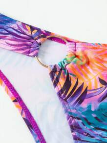 SHEIN Swim 女士熱帶印花綁頸比基尼套裝，嘉年華風 - 彩色 - 查看 4