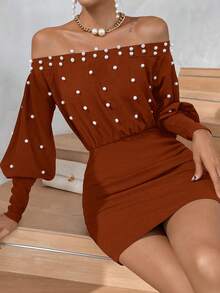 SHEIN Privé 女士修身露肩珍珠裝飾身體包身裙,腰部束腰設計 - 鏽棕色 - 查看 3