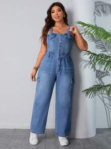 SHEIN VCAY Denim Overalls In Plus Size - Blue - View 1