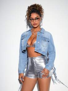 Women's Button Front Fishnet Fringe Denim Jacket - Blue - View 2