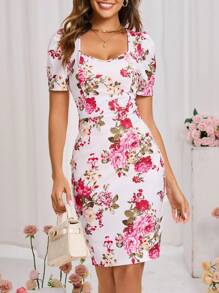 SHEIN Clasi Floral Print Sweetheart Neck Bodycon Dress - Multicolor - View 4