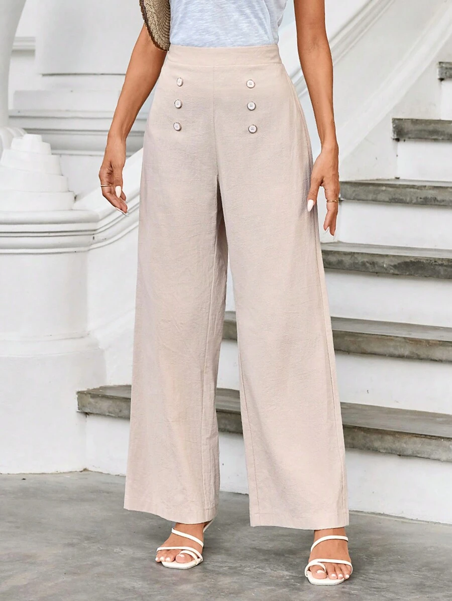 SHEIN Clasi Women's Button Decorated Pants - Beige - View 1