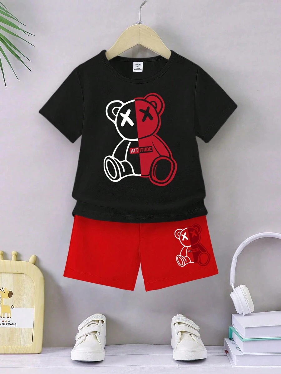 SHEIN 2pcs/Set Toddler Boys Cute Cartoon Bear Pattern Casual Comfy Daily Crew Neck Short Sleeve T-Shirt And Shorts Set, Summer Suitable For Outing And Holiday - Multicolor - View 1