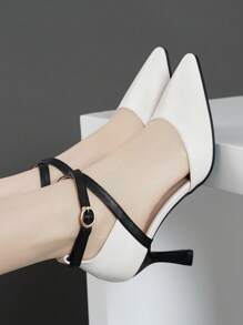 Elegant Pointed Toe Stiletto High Heels With Hollow Out And Strap Buckle, Black-White Patchwork For Women - Multicolor - View 1