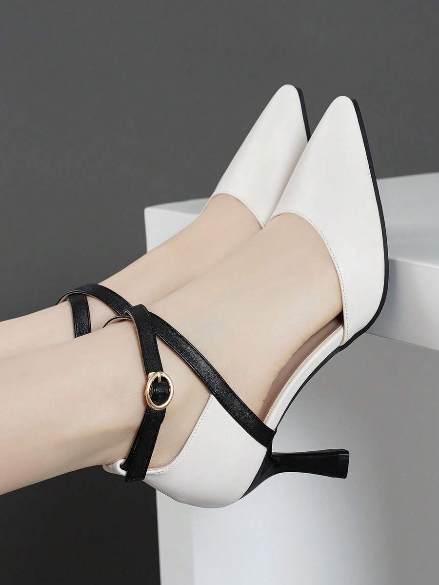 Elegant Pointed Toe Stiletto High Heels With Hollow Out And Strap Buckle, Black-White Patchwork For Women - Multicolor - View 1