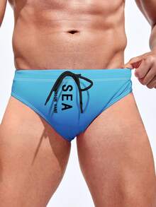 Men'S Letter Print Ombre Drawstring Swim Shorts - Multicolor - View 1