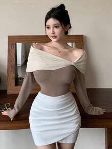 DAZY Women's Colorblock Slim Fit Off Shoulder Sweater,Fall Clothes Cute Tops - Camel - View 6
