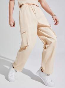 SHEIN Teen Boys' Casual Solid Color Cargo Style Pants With Multiple Pockets - Khaki - View 4