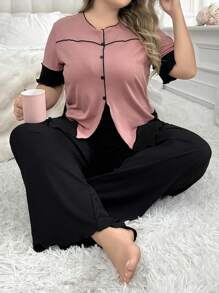 Frauen Übergröße Kontrastfarbe Knopf Detail Top Und Solide, Breitbeinige Hose Pyjama-set - Pink - Übersicht 1