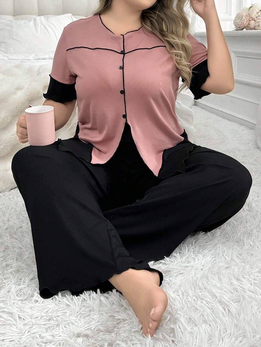 Frauen Übergröße Kontrastfarbe Knopf Detail Top Und Solide, Breitbeinige Hose Pyjama-set - Pink - Übersicht 1